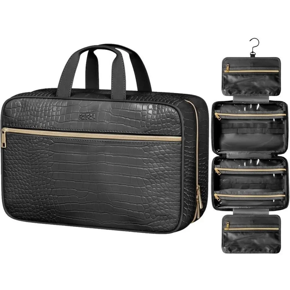 Leather Hanging Toiletry Bag for Men Women Spacious Toiletry Travel Bag Black